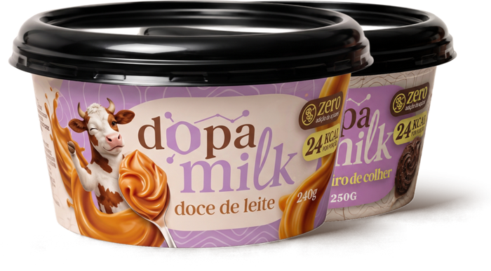 potes de doce de leite e brigadeiro Dopa Milk juntos