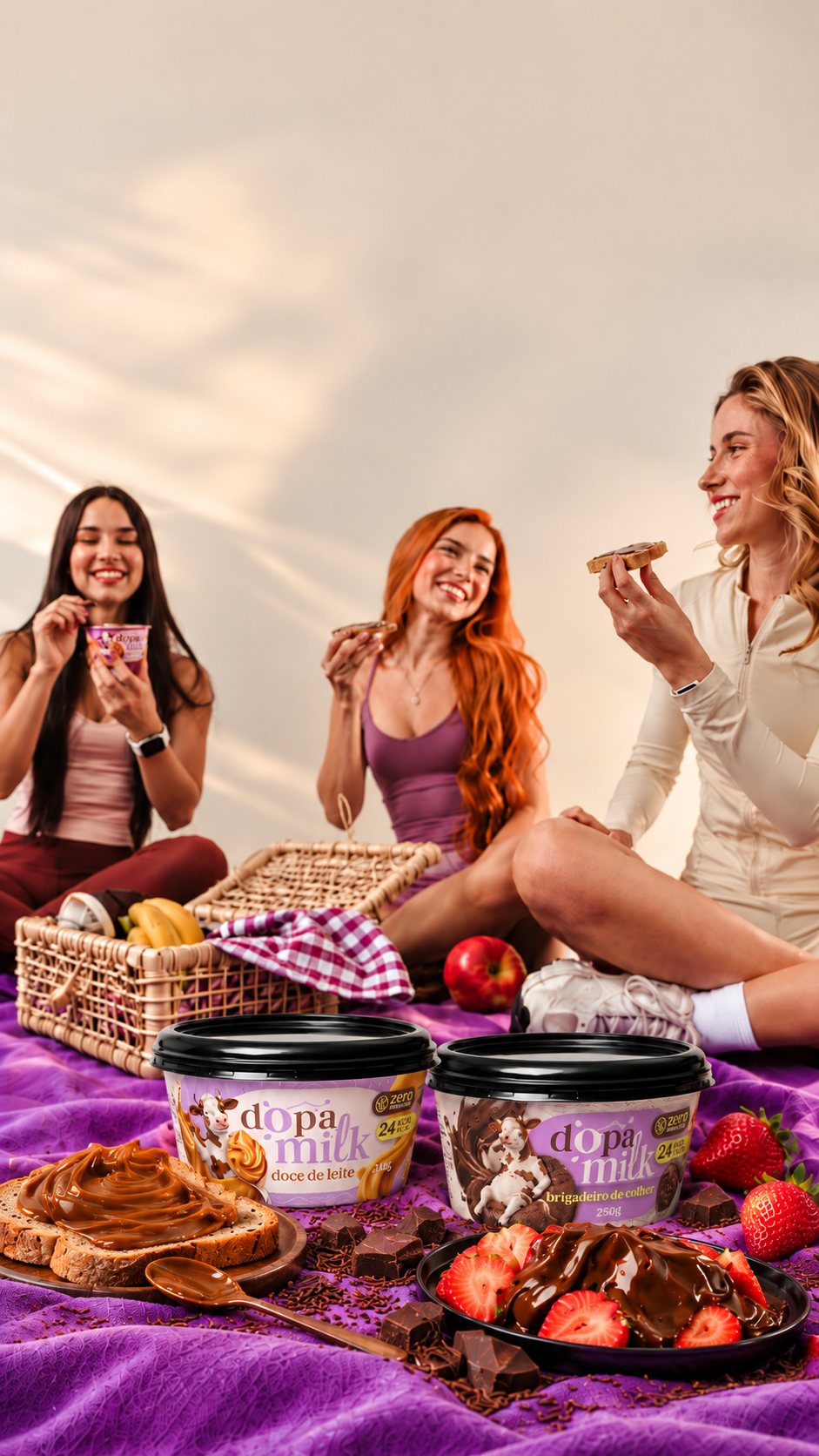 amigas comendo Dopa Milk num piquenique, com os potes de doce de leite e brigadeiro de colher